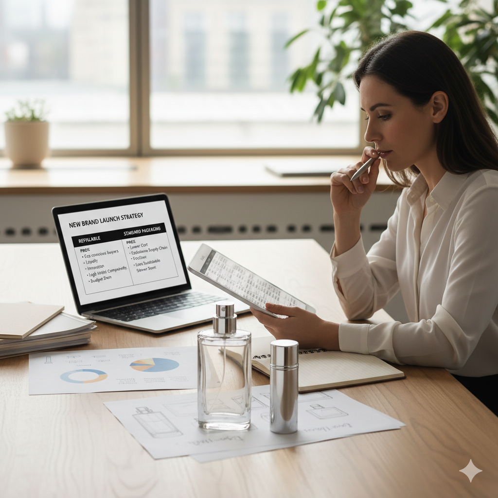 A chart showing the pros and cons of refillable packaging for new brands