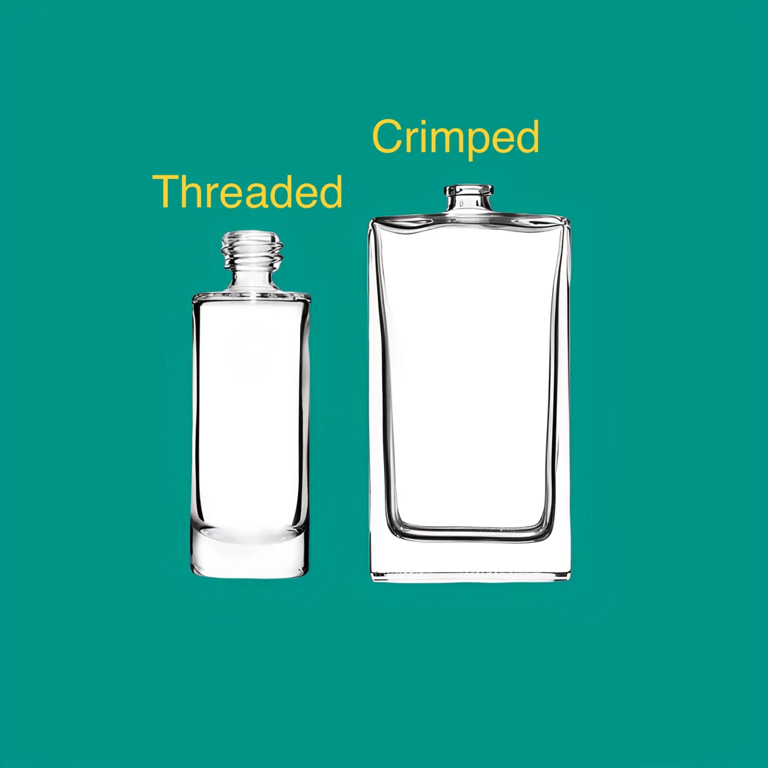 A close-up shot comparing a screw-neck and a crimped-neck perfume bottle
