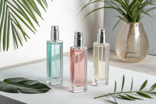 A collection of stylish refillable perfume bottles on a minimalist background