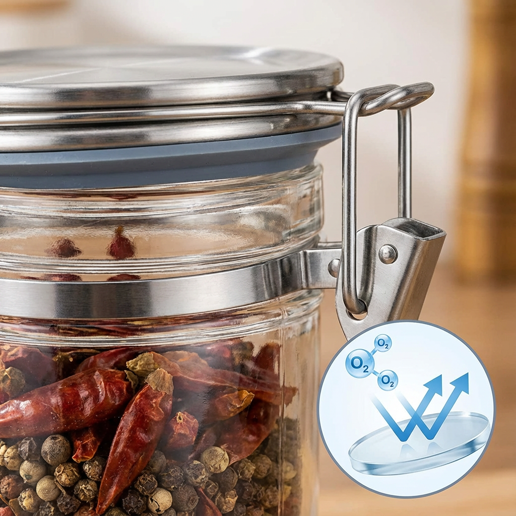 A close-up of an airtight seal on a glass spice jar, with an inset graphic showing oxygen molecules bouncing off.