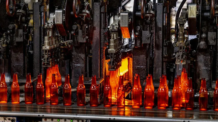 Glass bottles moving on a conveyor belt through an annealing lehr