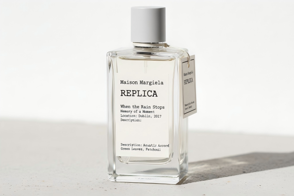 A product shot inspired by Maison Margiela's 'Replica' line, with a simple bottle and descriptive label