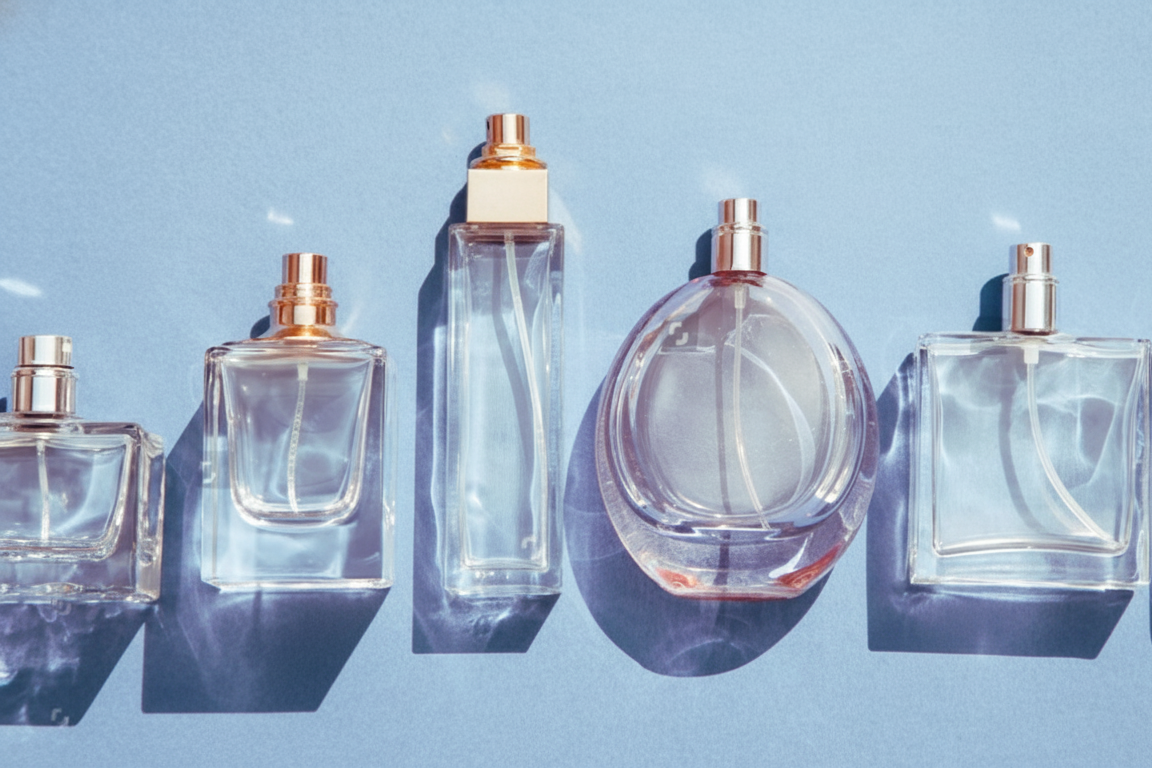 A lineup of different sized perfume bottles on a clean background