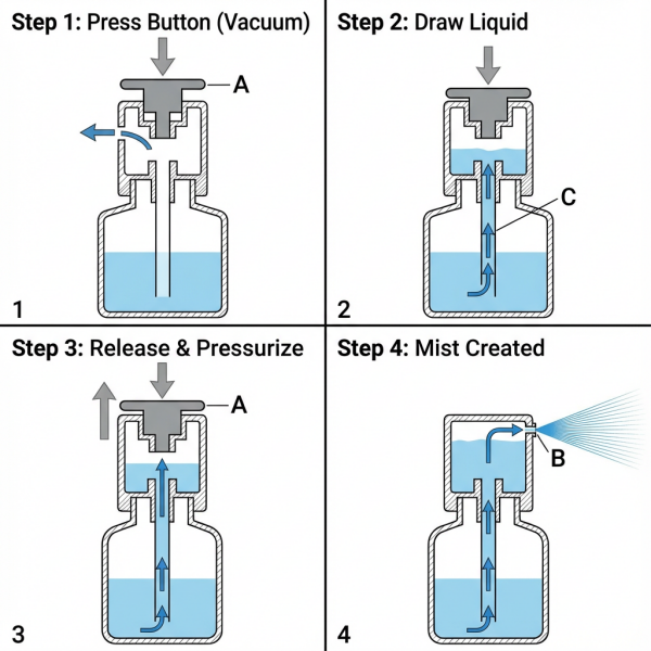 A cross-section diagram illustrating the four-step process of atomization.
