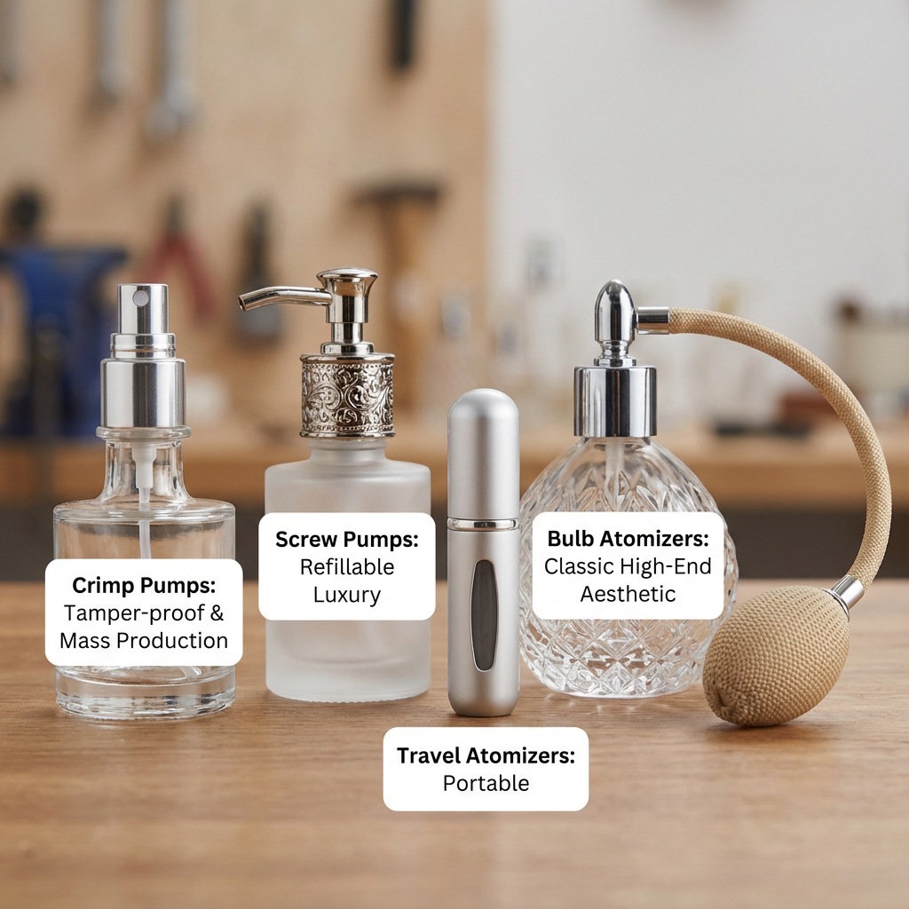 A variety of atomizer types, including crimp, screw, travel, and bulb, next to glass bottle necks.