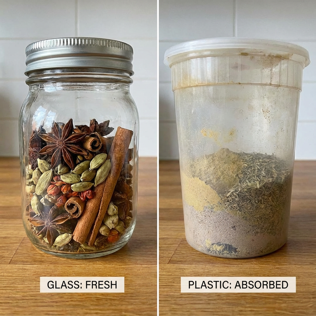 A side-by-side comparison showing vibrant spices in a glass jar versus dull, faded spices in a stained plastic container.