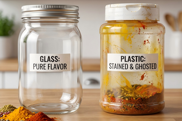 A clear, pristine glass jar next to a plastic jar heavily stained yellow and red from spices.