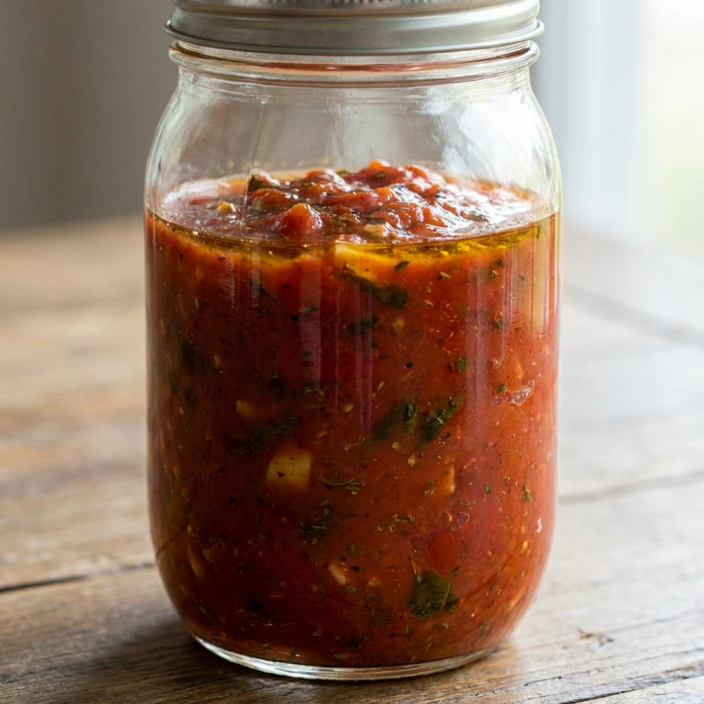 A close-up shot showing the rich texture and color of a tomato sauce inside a clear, pristine glass jar.
