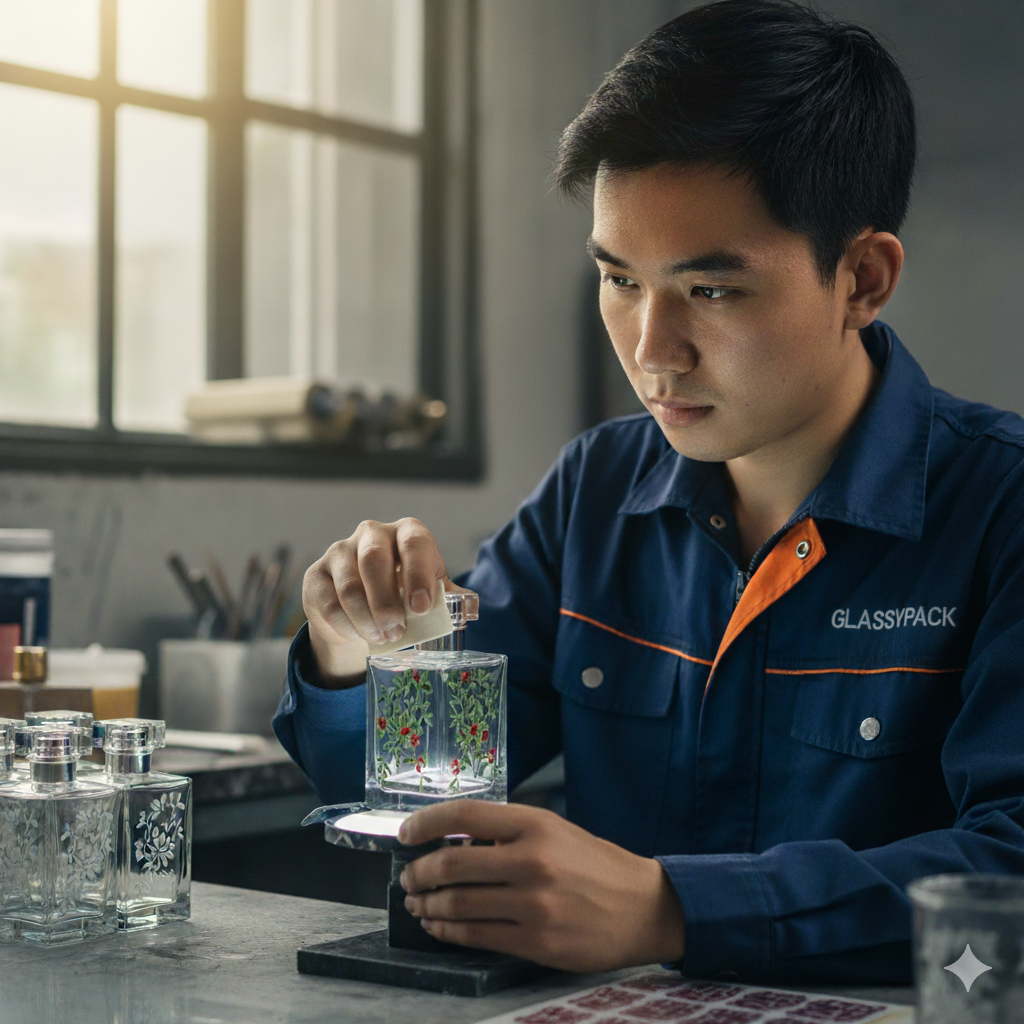 A designer working on custom decorations for a stock perfume bottle