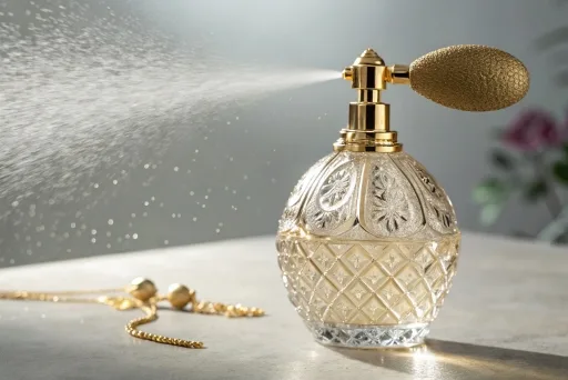 A luxury glass perfume bottle with a fine mist atomizer demonstrating the perfect spray.