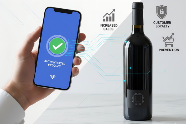 An infographic illustrating how NFC technology verifies a product's authenticity, boosting ROI
