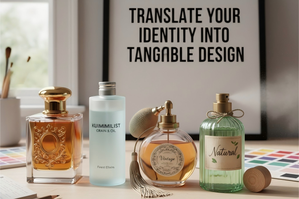 A display showing four different perfume bottles, each representing a distinct brand identity: luxury, minimalist, vintage, and natural