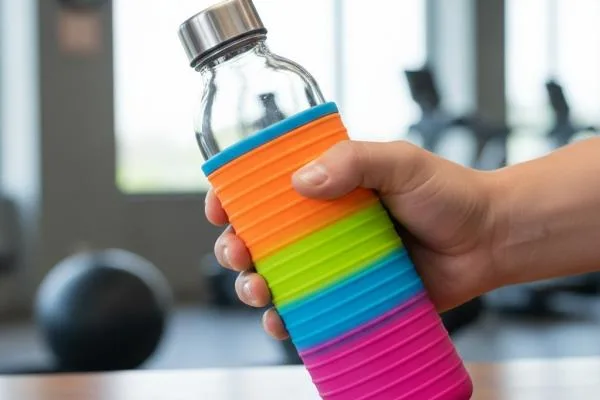 A glass bottle with a colorful, textured silicone sleeve for protection and grip.