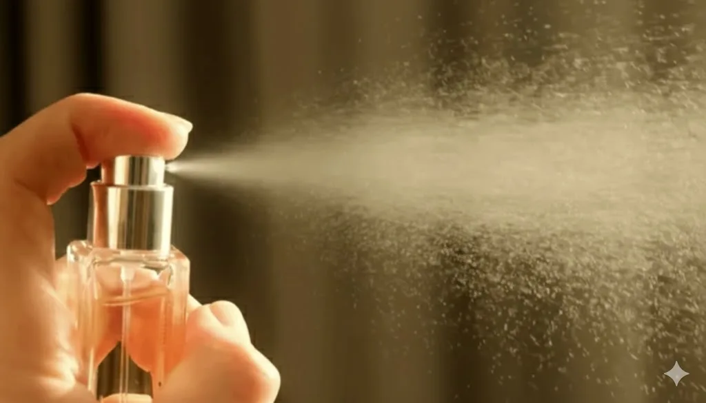 A close-up of a perfume bottle's atomizer creating a fine mist