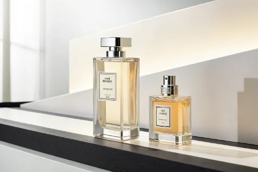 A strategic display of a new perfume brand featuring 15ml and 50ml bottles