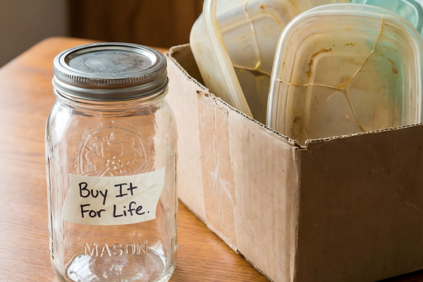 A single beautiful glass jar with the text "Buy It For Life" next to a pile of discarded, worn-out plastic jars.