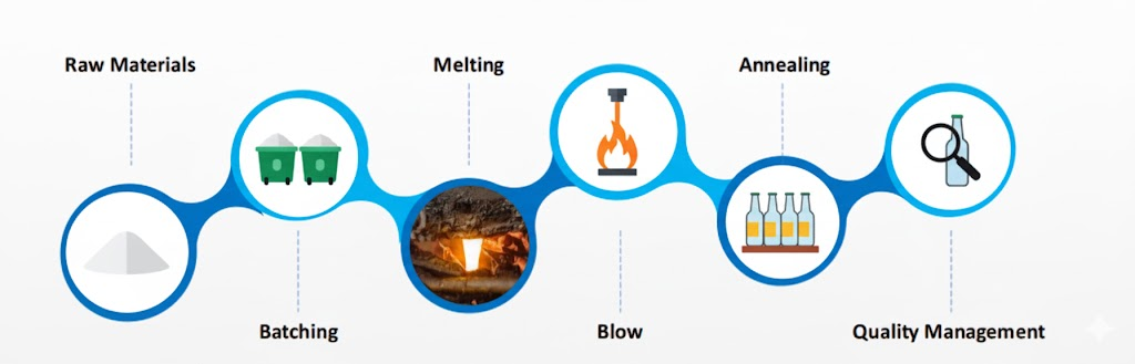 A flowchart of the glass bottle production process from raw materials to quality management