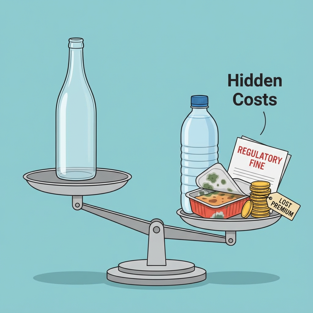 An illustration of a scale, with a glass bottle on one side outweighing a pile of coins labeled "Hidden Costs" next to a plastic bottle.