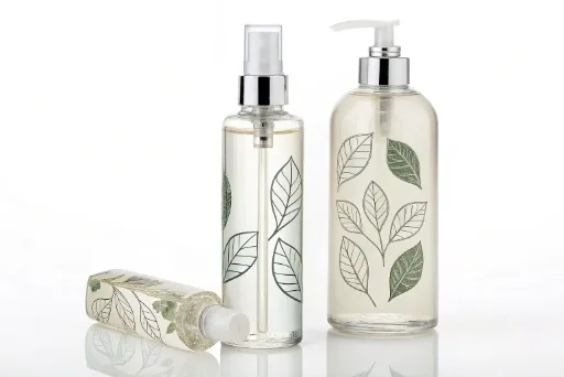 A matching set of glass bottles, one with a fine mist sprayer and the other with a lotion pump, showing brand consistency.