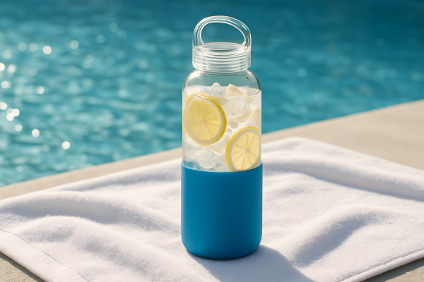 A durable glass bottle with a protective sleeve, perfect for summer hydration.