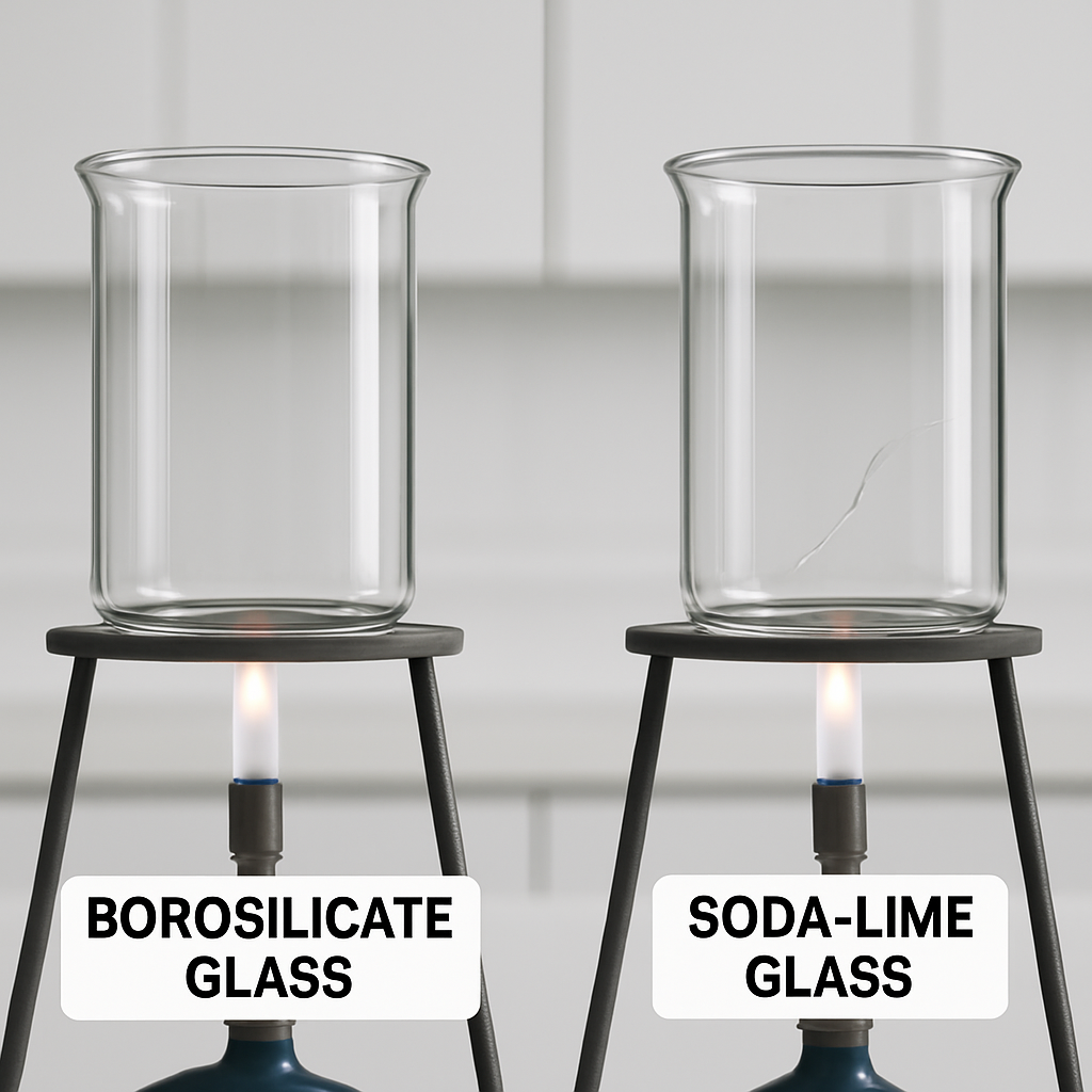 A side-by-side comparison showing borosilicate glass withstanding heat while soda-lime glass cracks.