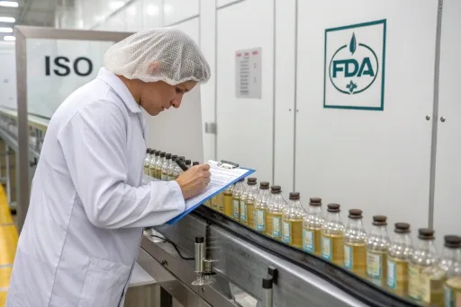 A quality control inspector examining glass perfume bottles on a production line