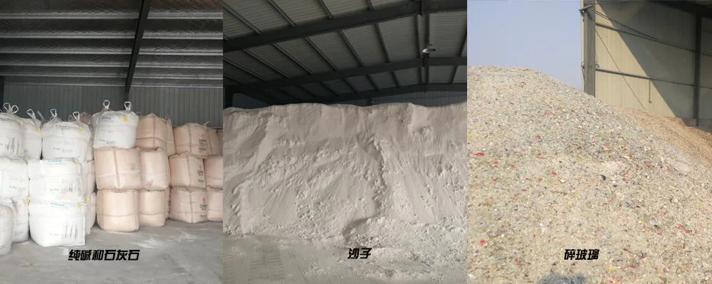 A pile of white sand, the primary raw material for glass, next to a batching machine