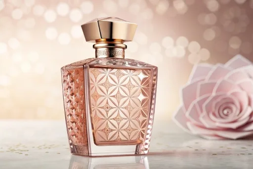 Close-up of a beautifully designed custom perfume bottle showing its shape and texture
