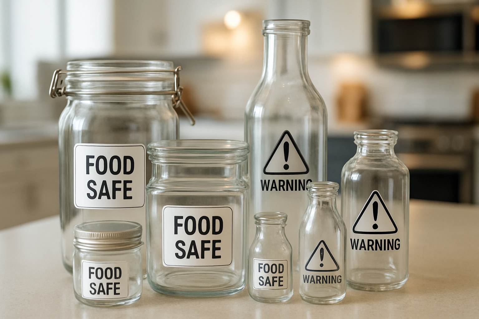 An illustration showing different glass containers with checkmarks and warning signs, representing food-safe and non-food-safe glass.