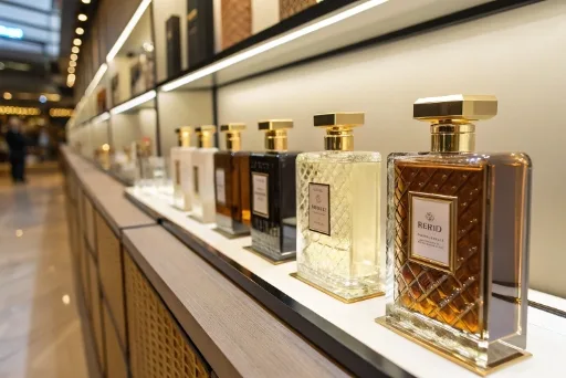A collection of iconic and modern perfume bottles on a display shelf