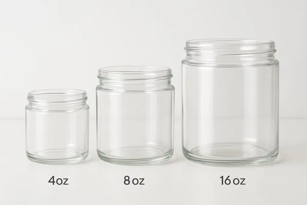 A professional product photo comparing three different sizes of glass candle jars: 4oz, 8oz, and 16oz.