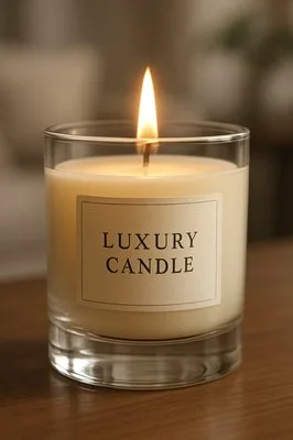 A close-up, high-end image of a luxury glass candle jar with a lit wick, highlighting the thick glass base.