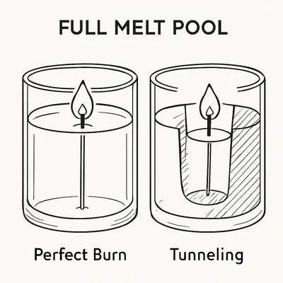 Diagram illustrating a perfect burn (full melt pool) versus tunneling in a candle jar.