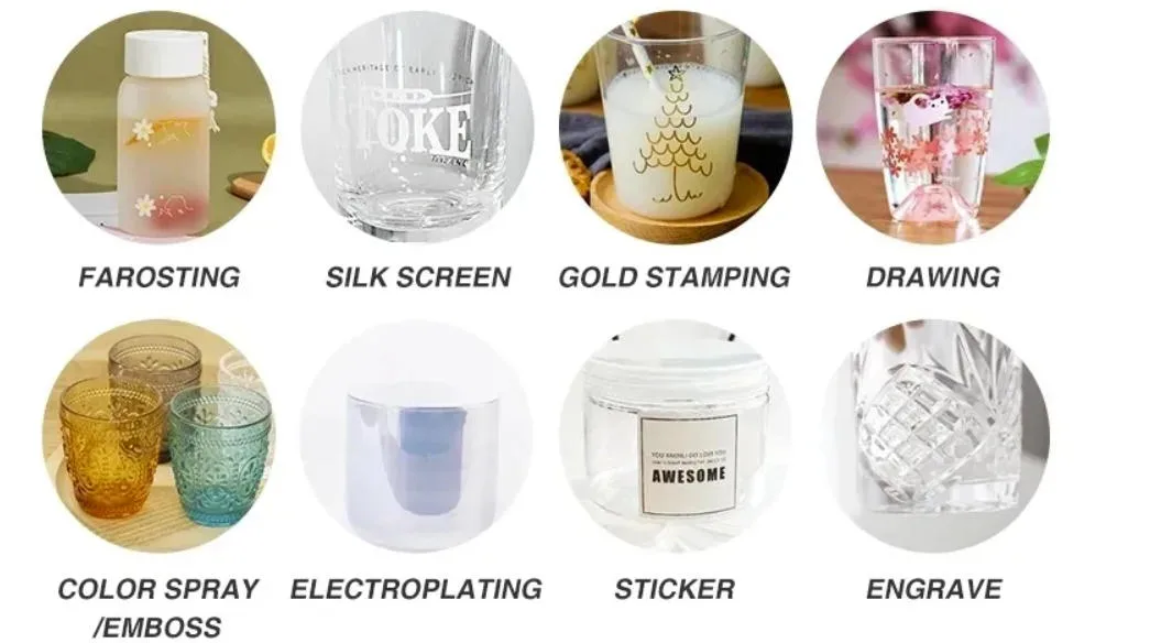 A collage showing various printing and finishing techniques for glass bottles