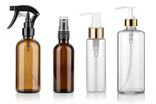 A collection of different types of glass spray bottles including fine mist, trigger, and lotion pump styles.