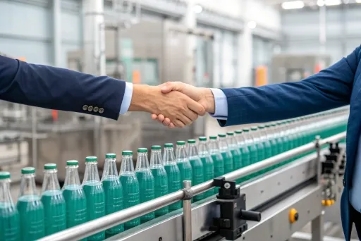 A handshake sealing a deal in front of glass bottle manufacturing equipment