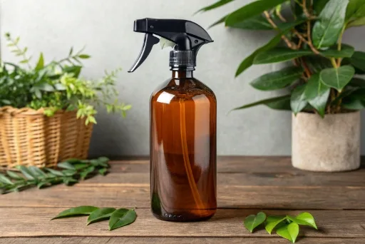 A durable amber glass bottle fitted with a black trigger sprayer, suitable for cleaning or gardening products.
