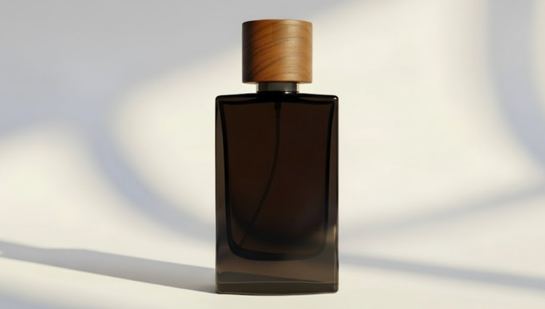 An elegant perfume bottle with a natural wood cap