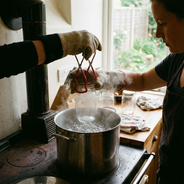 A person using a jar lifter to remove a hot jar from the boiling water