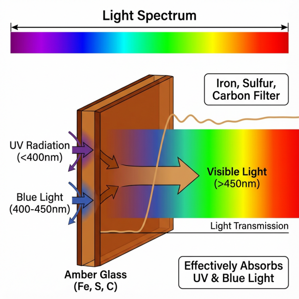 A scientific diagram showing the light spectrum and how amber glass effectively blocks UV and blue light waves.