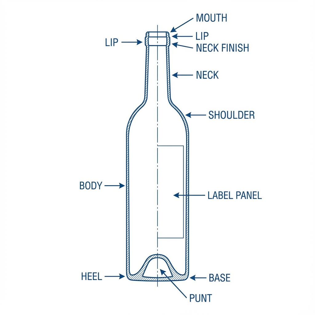 A diagram showing the 10 essential parts of a standard wine bottle.
