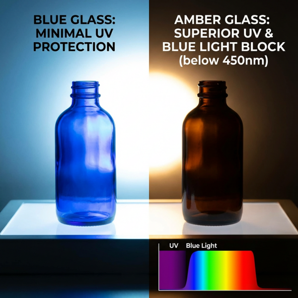 A side-by-side comparison of a blue glass bottle and an amber glass bottle against a bright light source.