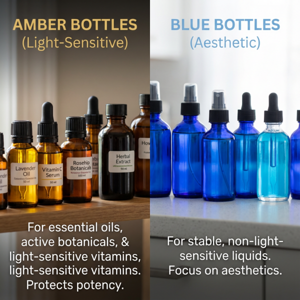A split image showing amber bottles with essential oils on one side, and blue bottles with water on the other.
