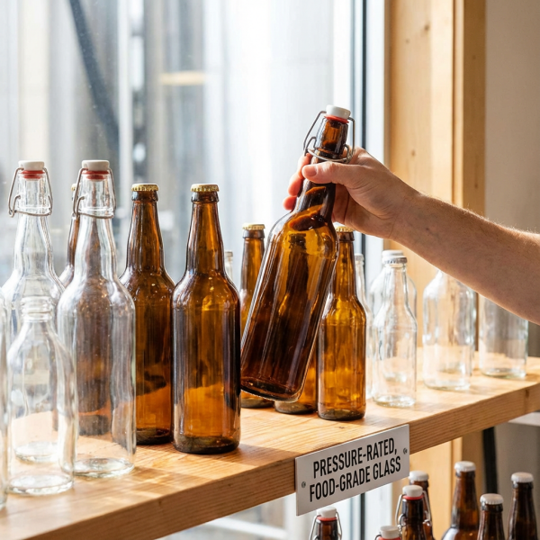 A collection of various swing top glass bottles in different colors and sizes