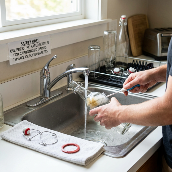 A person disassembling and cleaning a swing top bottle by a sink