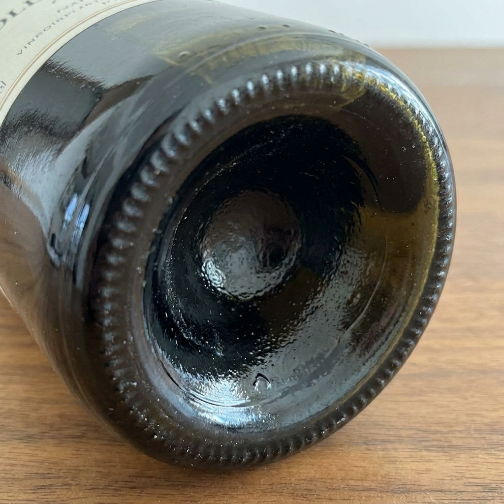 A close-up view of the punt, the indentation at the bottom of a wine bottle.