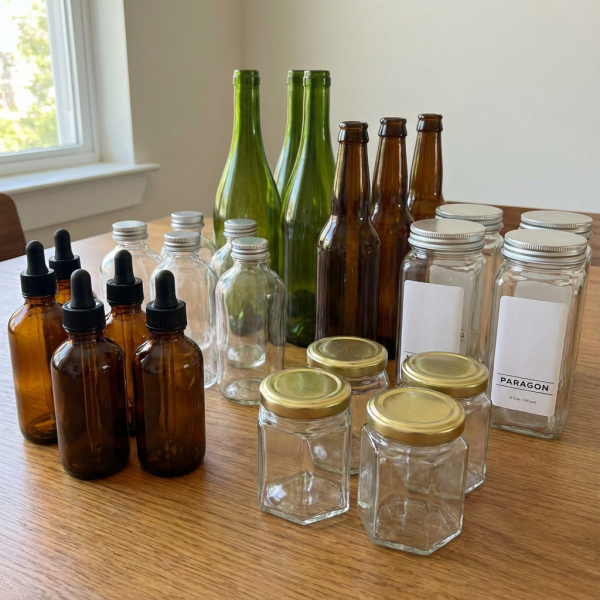 A collection of different glass bottles and jars, including amber, green, clear, and blue colors, and various shapes.