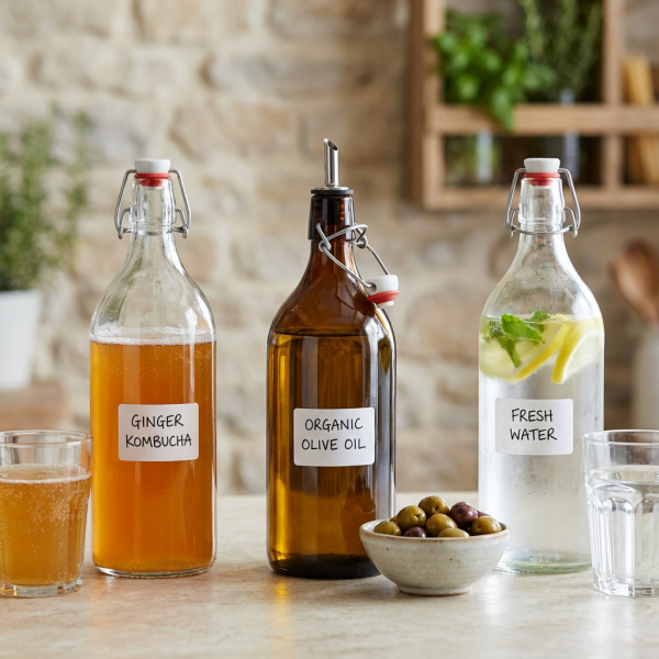 A lifestyle scene showing swing top bottles used for kombucha, olive oil, and water