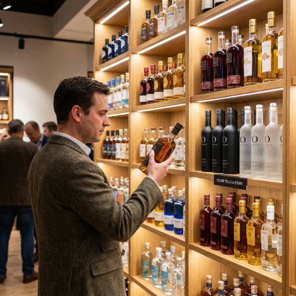 A customer in a store looking at a wall of different colored liquor bottles