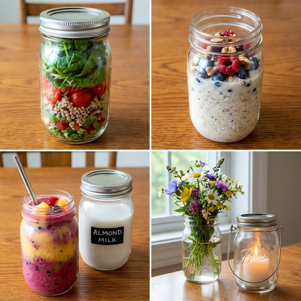 A vibrant collage showing the many uses of Mason jars: for salads, drinks, crafts, and storage